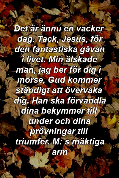 Det är ännu en vacker dag. Tack, Jesus, för den fantastiska gåvan i livet. Min älskade man, jag ber för dig i morse, Gud kommer ständigt att övervaka dig. Han ska förvandla dina bekymmer till under och dina prövningar till triumfer. M: s mäktiga arm