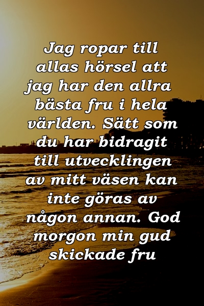 Jag ropar till allas hörsel att jag har den allra bästa fru i hela världen. Sätt som du har bidragit till utvecklingen av mitt väsen kan inte göras av någon annan. God morgon min gud skickade fru