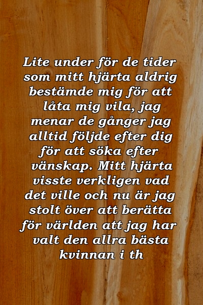 Lite under för de tider som mitt hjärta aldrig bestämde mig för att låta mig vila, jag menar de gånger jag alltid följde efter dig för att söka efter vänskap. Mitt hjärta visste verkligen vad det ville och nu är jag stolt över att berätta för världen att jag har valt den allra bästa kvinnan i th