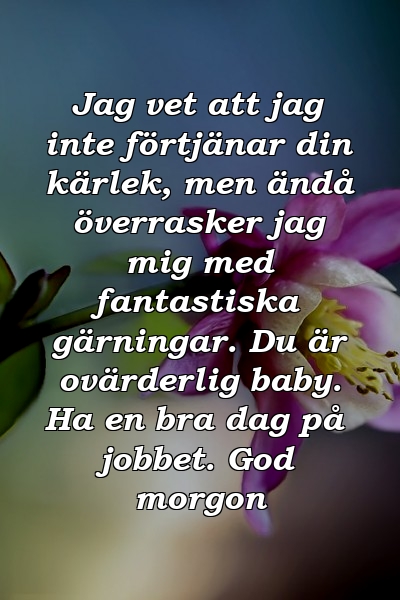 Jag vet att jag inte förtjänar din kärlek, men ändå överrasker jag mig med fantastiska gärningar. Du är ovärderlig baby. Ha en bra dag på jobbet. God morgon