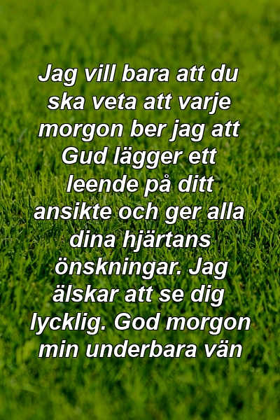 Jag vill bara att du ska veta att varje morgon ber jag att Gud lägger ett leende på ditt ansikte och ger alla dina hjärtans önskningar. Jag älskar att se dig lycklig. God morgon min underbara vän