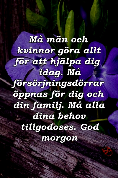 Må män och kvinnor göra allt för att hjälpa dig idag. Må försörjningsdörrar öppnas för dig och din familj. Må alla dina behov tillgodoses. God morgon