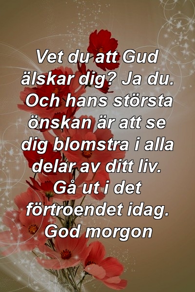 Vet du att Gud älskar dig? Ja du. Och hans största önskan är att se dig blomstra i alla delar av ditt liv. Gå ut i det förtroendet idag. God morgon