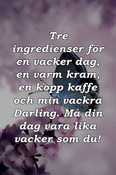 Tre ingredienser för en vacker dag, en varm kram, en kopp kaffe och min vackra Darling. Må din dag vara lika vacker som du!