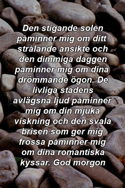 Den stigande solen påminner mig om ditt strålande ansikte och den dimmiga daggen påminner mig om dina drömmande ögon. De livliga stadens avlägsna ljud påminner mig om din mjuka viskning och den svala brisen som ger mig frossa påminner mig om dina romantiska kyssar. God morgon