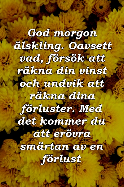 God morgon älskling. Oavsett vad, försök att räkna din vinst och undvik att räkna dina förluster. Med det kommer du att erövra smärtan av en förlust