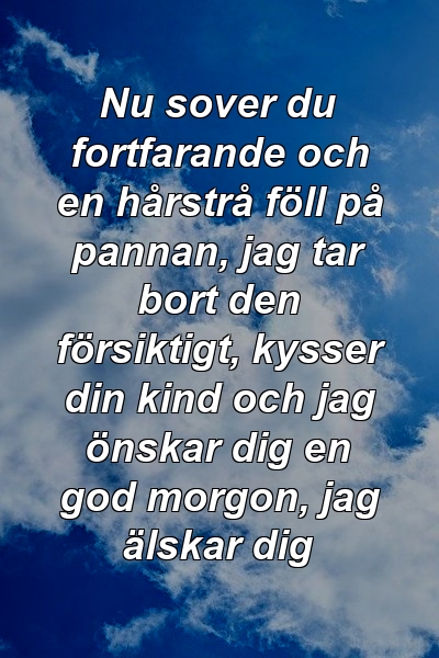 Nu sover du fortfarande och en hårstrå föll på pannan, jag tar bort den försiktigt, kysser din kind och jag önskar dig en god morgon, jag älskar dig