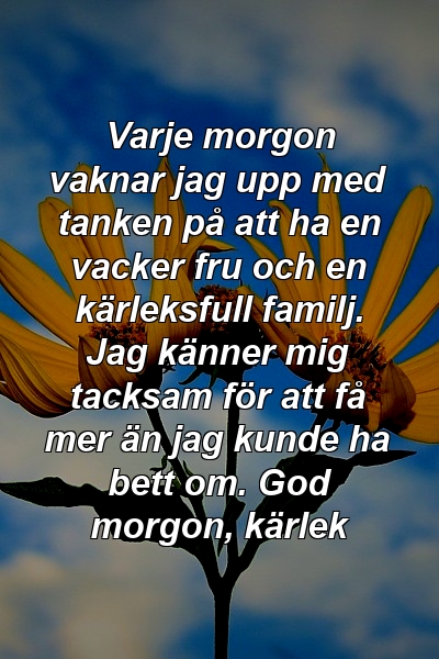 Varje morgon vaknar jag upp med tanken på att ha en vacker fru och en kärleksfull familj. Jag känner mig tacksam för att få mer än jag kunde ha bett om. God morgon, kärlek