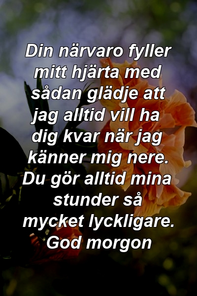 Din närvaro fyller mitt hjärta med sådan glädje att jag alltid vill ha dig kvar när jag känner mig nere. Du gör alltid mina stunder så mycket lyckligare. God morgon