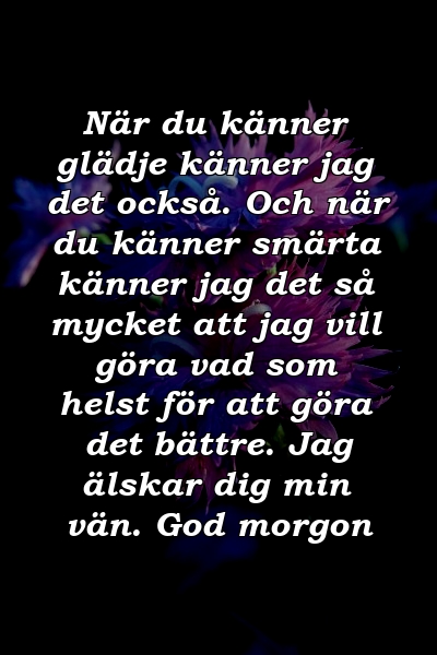 När du känner glädje känner jag det också. Och när du känner smärta känner jag det så mycket att jag vill göra vad som helst för att göra det bättre. Jag älskar dig min vän. God morgon