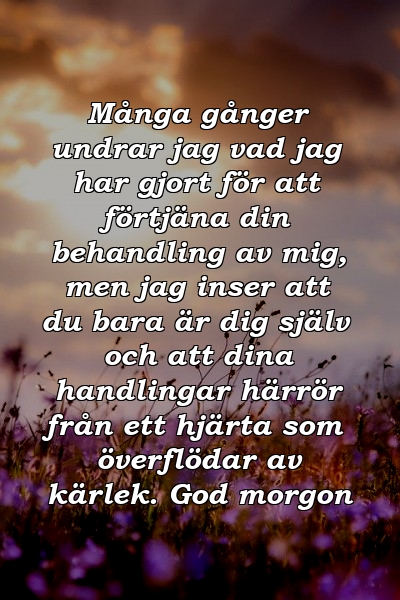 Många gånger undrar jag vad jag har gjort för att förtjäna din behandling av mig, men jag inser att du bara är dig själv och att dina handlingar härrör från ett hjärta som överflödar av kärlek. God morgon