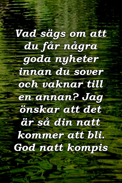 Vad sägs om att du får några goda nyheter innan du sover och vaknar till en annan? Jag önskar att det är så din natt kommer att bli. God natt kompis