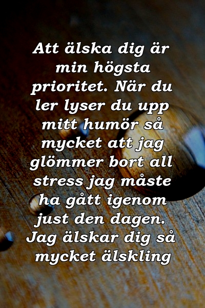 Att älska dig är min högsta prioritet. När du ler lyser du upp mitt humör så mycket att jag glömmer bort all stress jag måste ha gått igenom just den dagen. Jag älskar dig så mycket älskling