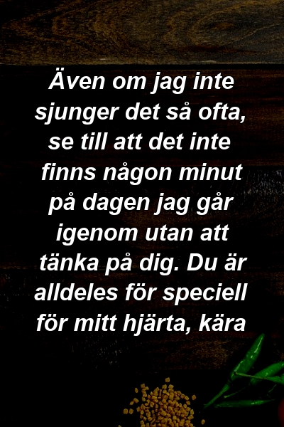 Även om jag inte sjunger det så ofta, se till att det inte finns någon minut på dagen jag går igenom utan att tänka på dig. Du är alldeles för speciell för mitt hjärta, kära