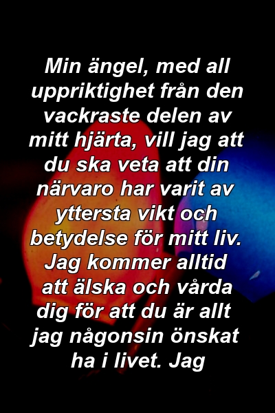 Min ängel, med all uppriktighet från den vackraste delen av mitt hjärta, vill jag att du ska veta att din närvaro har varit av yttersta vikt och betydelse för mitt liv. Jag kommer alltid att älska och vårda dig för att du är allt jag någonsin önskat ha i livet. Jag