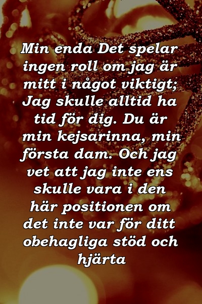 Min enda Det spelar ingen roll om jag är mitt i något viktigt; Jag skulle alltid ha tid för dig. Du är min kejsarinna, min första dam. Och jag vet att jag inte ens skulle vara i den här positionen om det inte var för ditt obehagliga stöd och hjärta