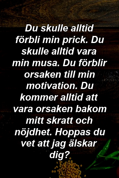 Du skulle alltid förbli min prick. Du skulle alltid vara min musa. Du förblir orsaken till min motivation. Du kommer alltid att vara orsaken bakom mitt skratt och nöjdhet. Hoppas du vet att jag älskar dig?