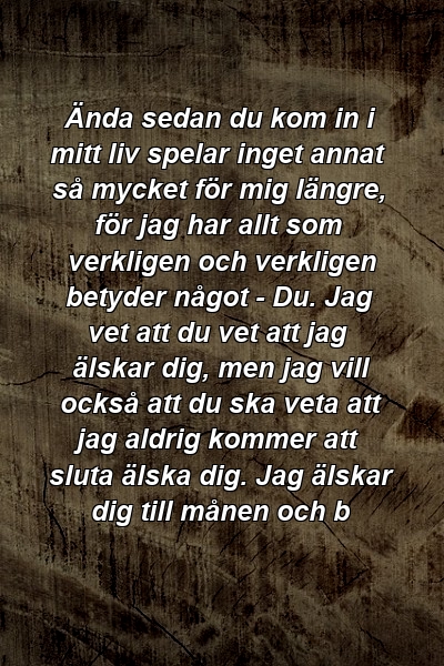 Ända sedan du kom in i mitt liv spelar inget annat så mycket för mig längre, för jag har allt som verkligen och verkligen betyder något - Du. Jag vet att du vet att jag älskar dig, men jag vill också att du ska veta att jag aldrig kommer att sluta älska dig. Jag älskar dig till månen och b