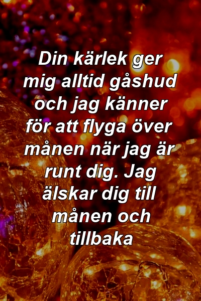 Din kärlek ger mig alltid gåshud och jag känner för att flyga över månen när jag är runt dig. Jag älskar dig till månen och tillbaka