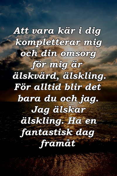 Att vara kär i dig kompletterar mig och din omsorg för mig är älskvärd, älskling. För alltid blir det bara du och jag. Jag älskar älskling. Ha en fantastisk dag framåt