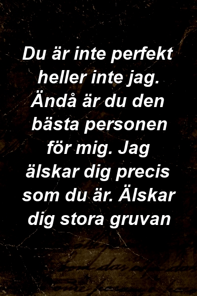 Du är inte perfekt heller inte jag. Ändå är du den bästa personen för mig. Jag älskar dig precis som du är. Älskar dig stora gruvan