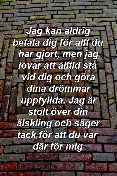 Jag kan aldrig betala dig för allt du har gjort, men jag lovar att alltid stå vid dig och göra dina drömmar uppfyllda. Jag är stolt över din älskling och säger tack för att du var där för mig