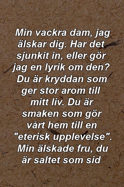 Min vackra dam, jag älskar dig. Har det sjunkit in, eller gör jag en lyrik om den? Du är kryddan som ger stor arom till mitt liv. Du är smaken som gör vårt hem till en "eterisk upplevelse". Min älskade fru, du är saltet som sid