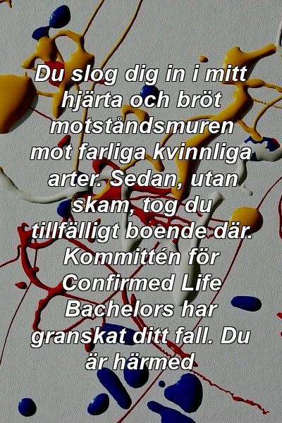 Du slog dig in i mitt hjärta och bröt motståndsmuren mot farliga kvinnliga arter. Sedan, utan skam, tog du tillfälligt boende där. Kommittén för Confirmed Life Bachelors har granskat ditt fall. Du är härmed