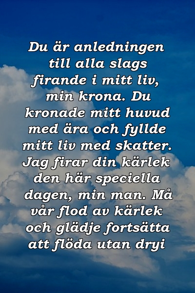 Du är anledningen till alla slags firande i mitt liv, min krona. Du kronade mitt huvud med ära och fyllde mitt liv med skatter. Jag firar din kärlek den här speciella dagen, min man. Må vår flod av kärlek och glädje fortsätta att flöda utan dryi