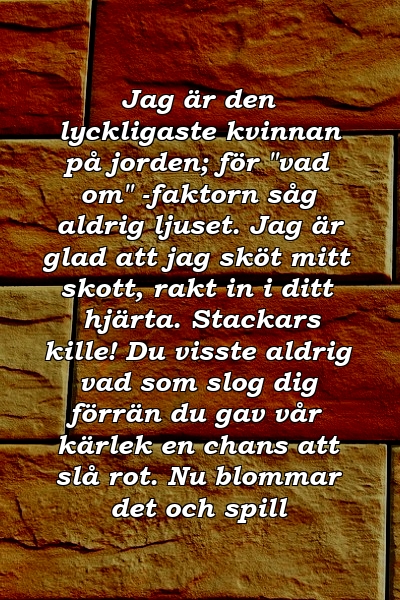 Jag är den lyckligaste kvinnan på jorden; för "vad om" -faktorn såg aldrig ljuset. Jag är glad att jag sköt mitt skott, rakt in i ditt hjärta. Stackars kille! Du visste aldrig vad som slog dig förrän du gav vår kärlek en chans att slå rot. Nu blommar det och spill