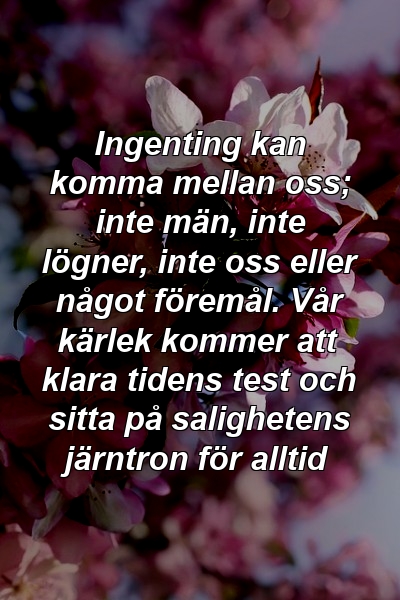 Ingenting kan komma mellan oss; inte män, inte lögner, inte oss eller något föremål. Vår kärlek kommer att klara tidens test och sitta på salighetens järntron för alltid