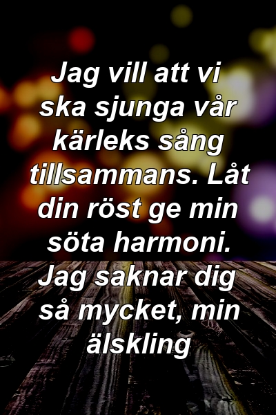 Jag vill att vi ska sjunga vår kärleks sång tillsammans. Låt din röst ge min söta harmoni. Jag saknar dig så mycket, min älskling