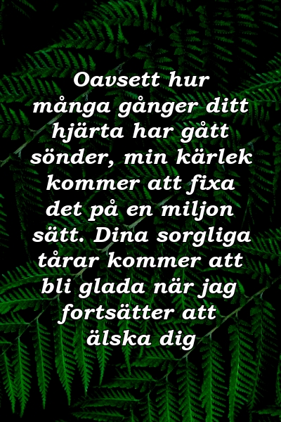 Oavsett hur många gånger ditt hjärta har gått sönder, min kärlek kommer att fixa det på en miljon sätt. Dina sorgliga tårar kommer att bli glada när jag fortsätter att älska dig