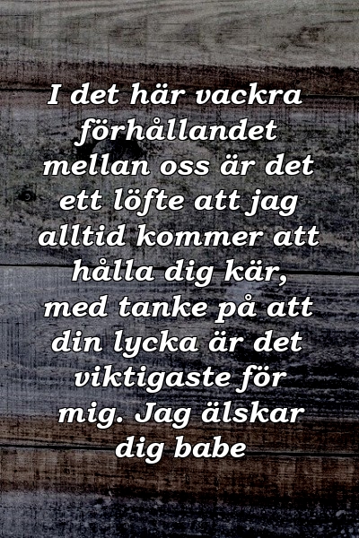 I det här vackra förhållandet mellan oss är det ett löfte att jag alltid kommer att hålla dig kär, med tanke på att din lycka är det viktigaste för mig. Jag älskar dig babe