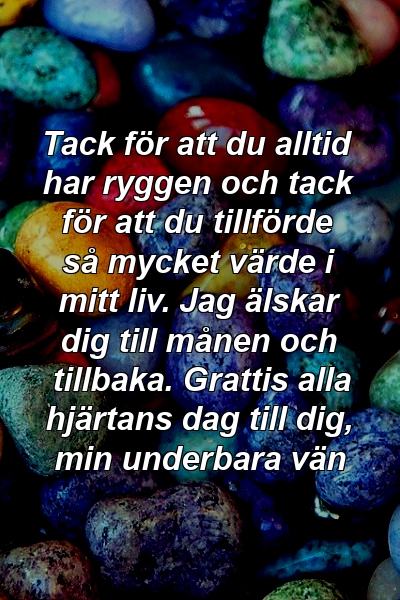 Tack för att du alltid har ryggen och tack för att du tillförde så mycket värde i mitt liv. Jag älskar dig till månen och tillbaka. Grattis alla hjärtans dag till dig, min underbara vän