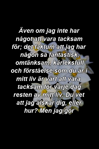 Även om jag inte har något att vara tacksam för; det faktum att jag har någon så fantastisk, omtänksam, kärleksfull och förståelse som du är i mitt liv är värt att vara tacksam för varje dag resten av mitt liv. Du vet att jag älskar dig, eller hur? Men jag gör