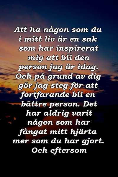 Att ha någon som du i mitt liv är en sak som har inspirerat mig att bli den person jag är idag. Och på grund av dig gör jag steg för att fortfarande bli en bättre person. Det har aldrig varit någon som har fångat mitt hjärta mer som du har gjort. Och eftersom