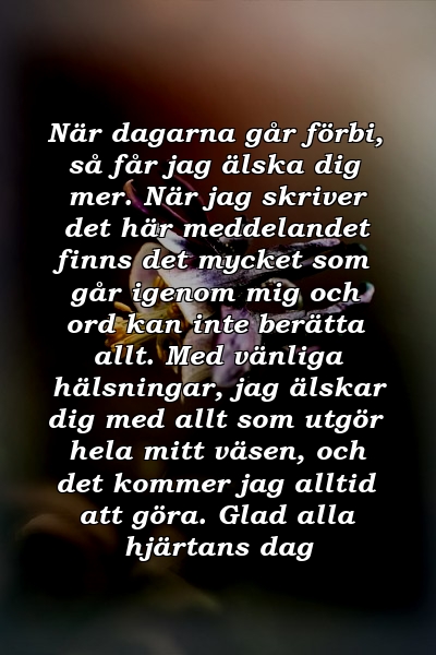 När dagarna går förbi, så får jag älska dig mer. När jag skriver det här meddelandet finns det mycket som går igenom mig och ord kan inte berätta allt. Med vänliga hälsningar, jag älskar dig med allt som utgör hela mitt väsen, och det kommer jag alltid att göra. Glad alla hjärtans dag