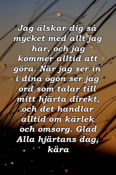 Jag älskar dig så mycket med allt jag har, och jag kommer alltid att göra. När jag ser in i dina ögon ser jag ord som talar till mitt hjärta direkt, och det handlar alltid om kärlek och omsorg. Glad Alla hjärtans dag, kära