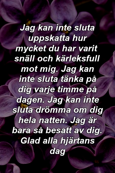 Jag kan inte sluta uppskatta hur mycket du har varit snäll och kärleksfull mot mig. Jag kan inte sluta tänka på dig varje timme på dagen. Jag kan inte sluta drömma om dig hela natten. Jag är bara så besatt av dig. Glad alla hjärtans dag