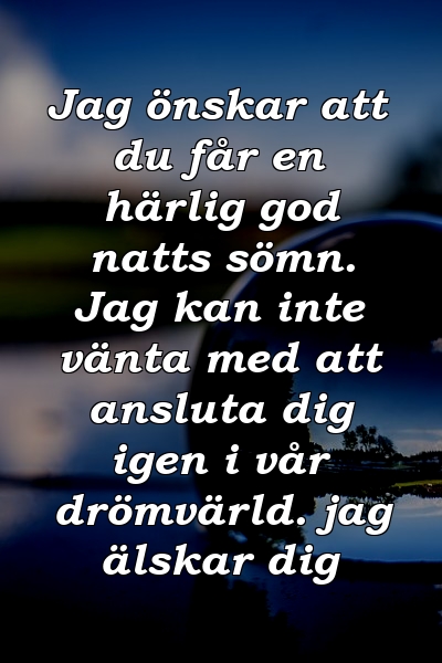 Jag önskar att du får en härlig god natts sömn. Jag kan inte vänta med att ansluta dig igen i vår drömvärld. jag älskar dig