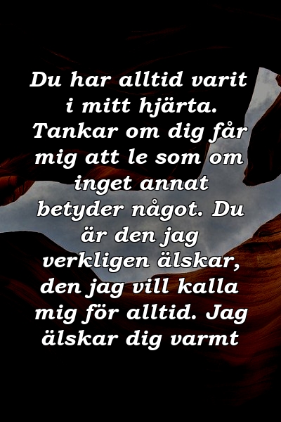 Du har alltid varit i mitt hjärta. Tankar om dig får mig att le som om inget annat betyder något. Du är den jag verkligen älskar, den jag vill kalla mig för alltid. Jag älskar dig varmt