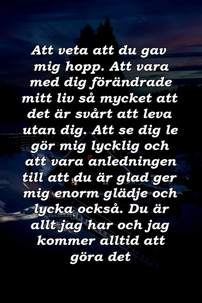 Att veta att du gav mig hopp. Att vara med dig förändrade mitt liv så mycket att det är svårt att leva utan dig. Att se dig le gör mig lycklig och att vara anledningen till att du är glad ger mig enorm glädje och lycka också. Du är allt jag har och jag kommer alltid att göra det