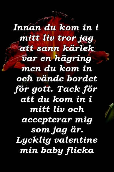 Innan du kom in i mitt liv tror jag att sann kärlek var en hägring men du kom in och vände bordet för gott. Tack för att du kom in i mitt liv och accepterar mig som jag är. Lycklig valentine min baby flicka