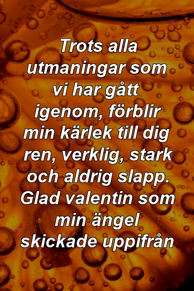 Trots alla utmaningar som vi har gått igenom, förblir min kärlek till dig ren, verklig, stark och aldrig slapp. Glad valentin som min ängel skickade uppifrån