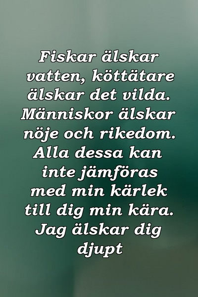 Fiskar älskar vatten, köttätare älskar det vilda. Människor älskar nöje och rikedom. Alla dessa kan inte jämföras med min kärlek till dig min kära. Jag älskar dig djupt