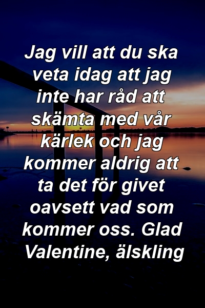 Jag vill att du ska veta idag att jag inte har råd att skämta med vår kärlek och jag kommer aldrig att ta det för givet oavsett vad som kommer oss. Glad Valentine, älskling