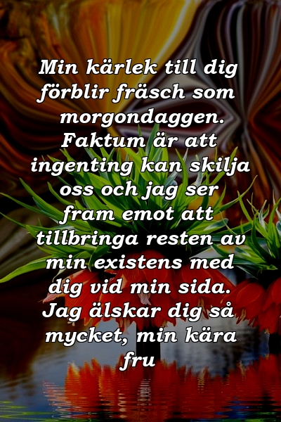 Min kärlek till dig förblir fräsch som morgondaggen. Faktum är att ingenting kan skilja oss och jag ser fram emot att tillbringa resten av min existens med dig vid min sida. Jag älskar dig så mycket, min kära fru