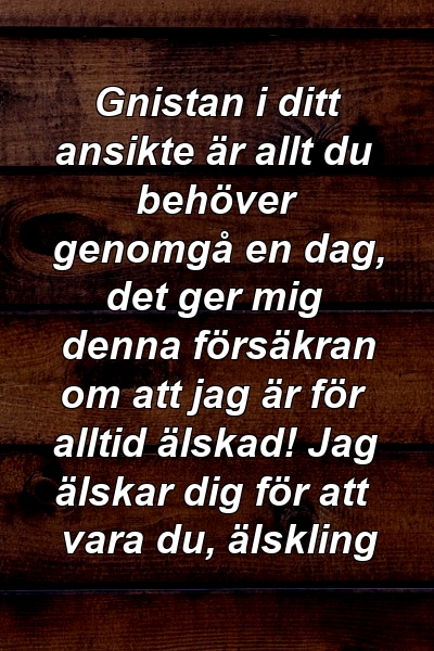 Gnistan i ditt ansikte är allt du behöver genomgå en dag, det ger mig denna försäkran om att jag är för alltid älskad! Jag älskar dig för att vara du, älskling