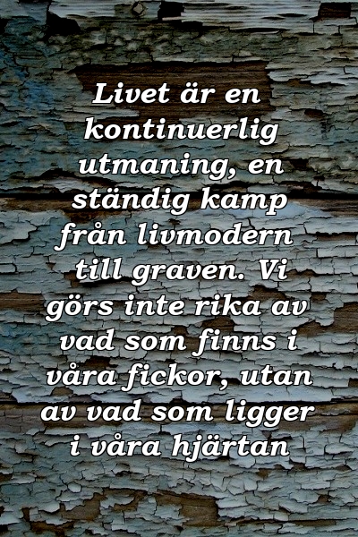 Livet är en kontinuerlig utmaning, en ständig kamp från livmodern till graven. Vi görs inte rika av vad som finns i våra fickor, utan av vad som ligger i våra hjärtan